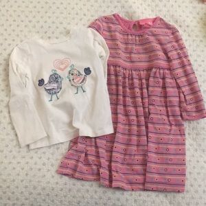 Appliqué bird long shirt and striped dress